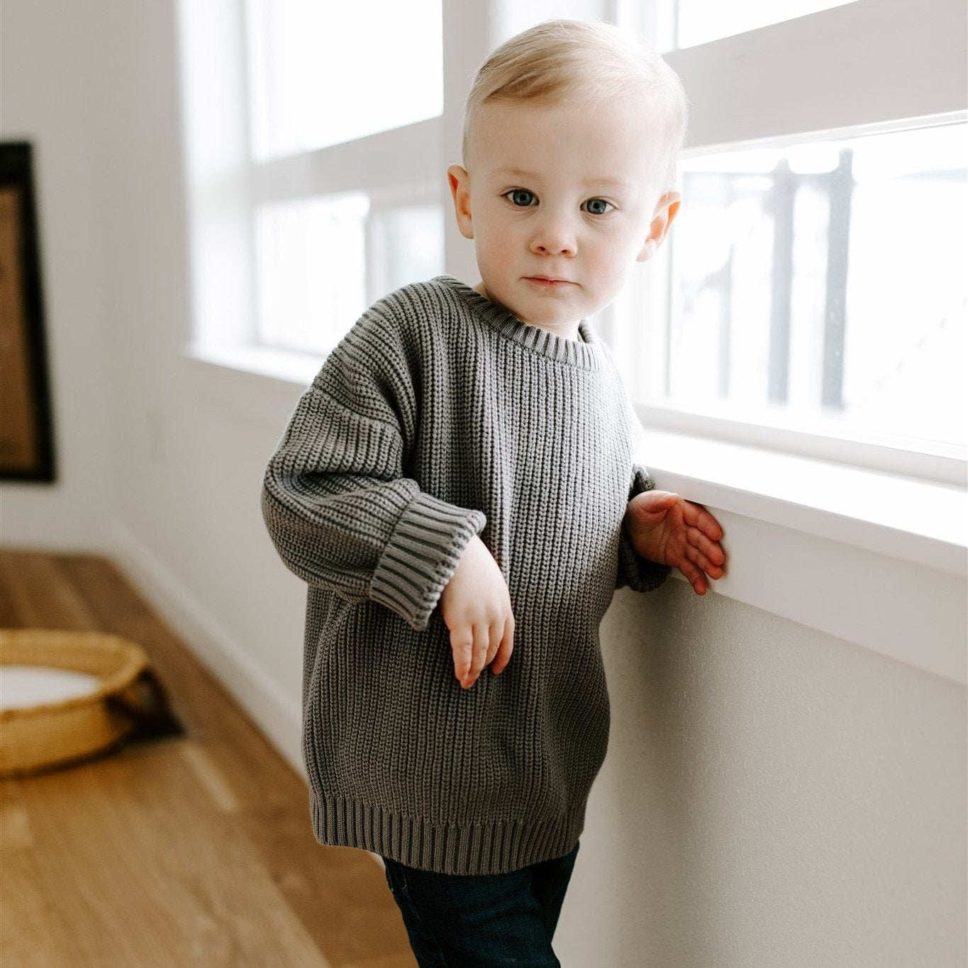 Chase Oversized Baby Pullover in Slate – 100% Organic Cotton, Cozy & Warm, Perfect for Fall & Winter, Stylish and Comfortable Baby Sweater, Ideal Gift for Newborns and Toddlers